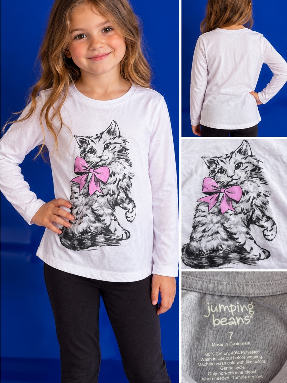 jumping beans White Long-Sleeve Tee with Kitten Graphic and Pink Bow
